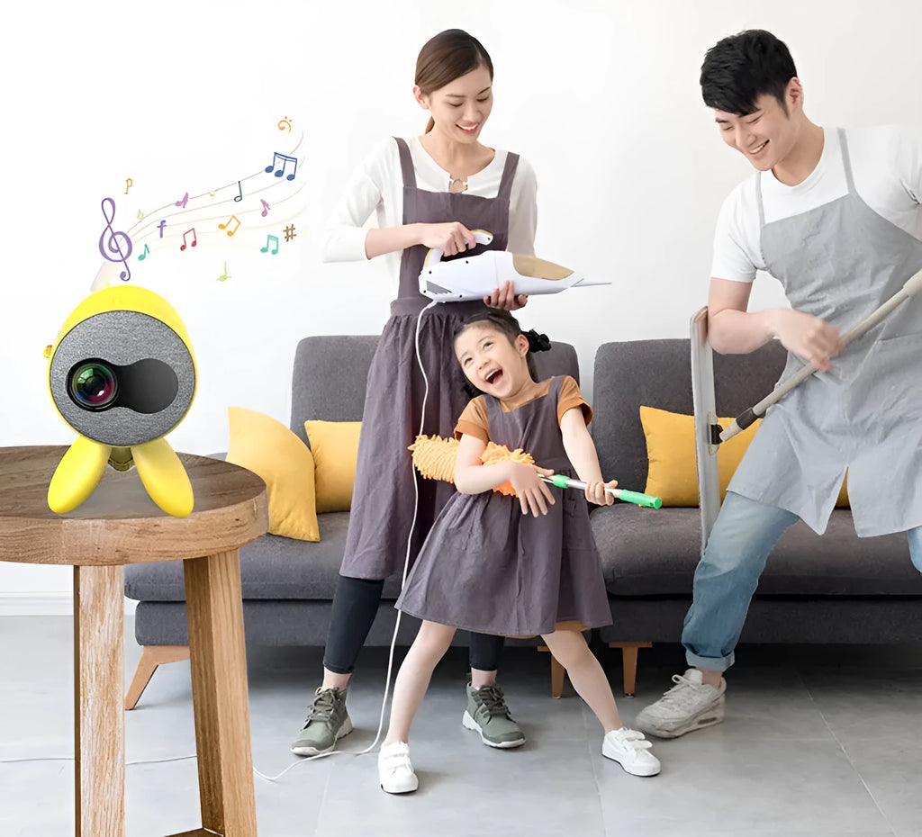 YG220 yellow LED projector showing front projection with 1080P support capability