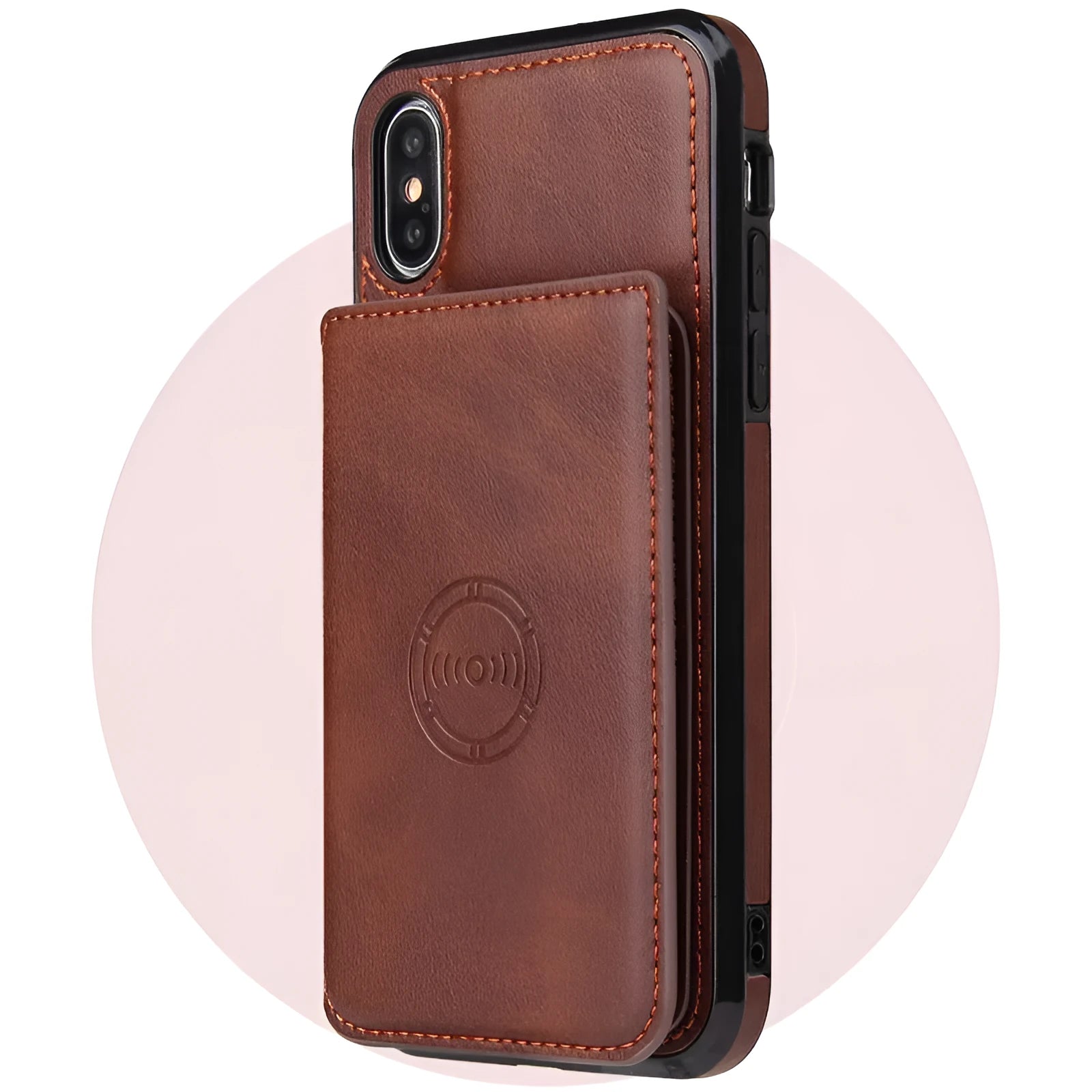Imitation leather card wallet iPhone case showing card slots and available colour options