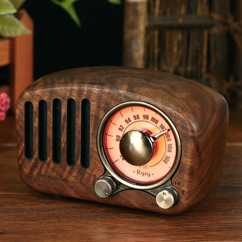 Retro wooden wireless mini Bluetooth speaker in cherry or walnut finish with compact dimensions