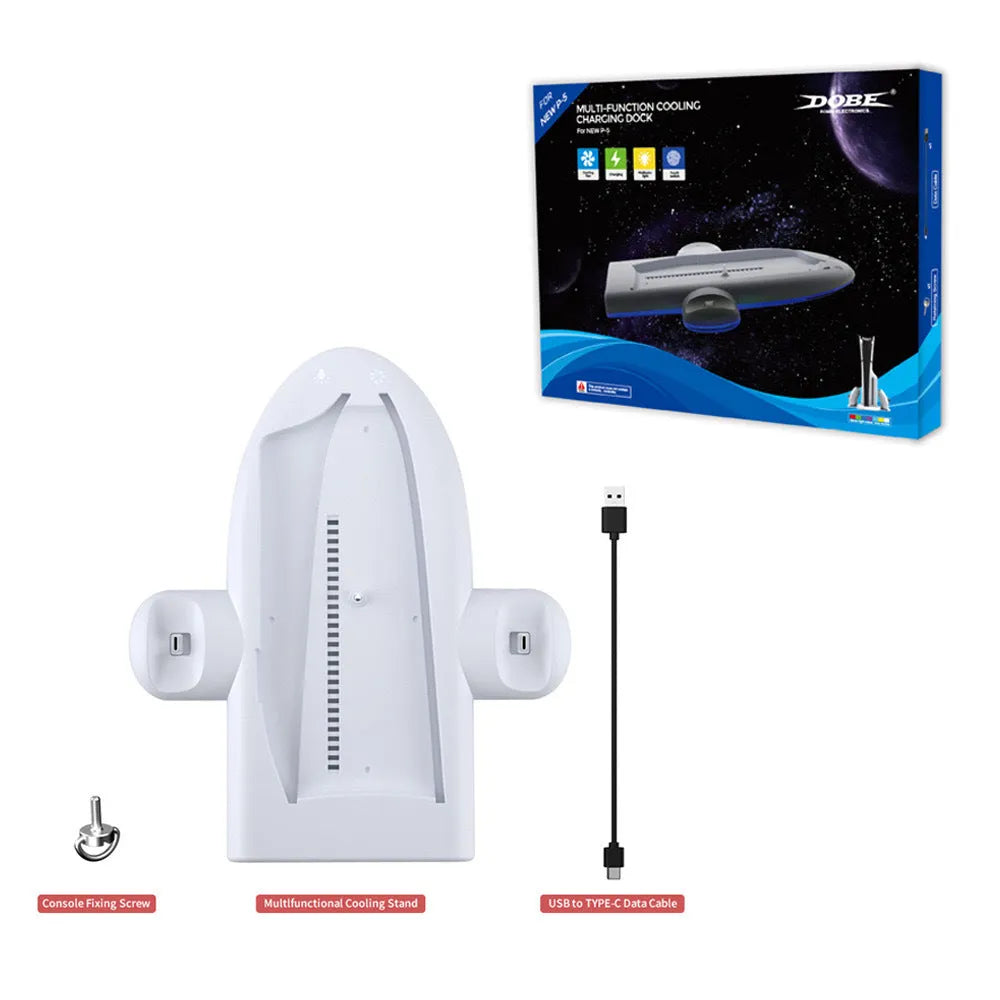 White PS5 Slim charging station with RGB lights and fixed controller charger