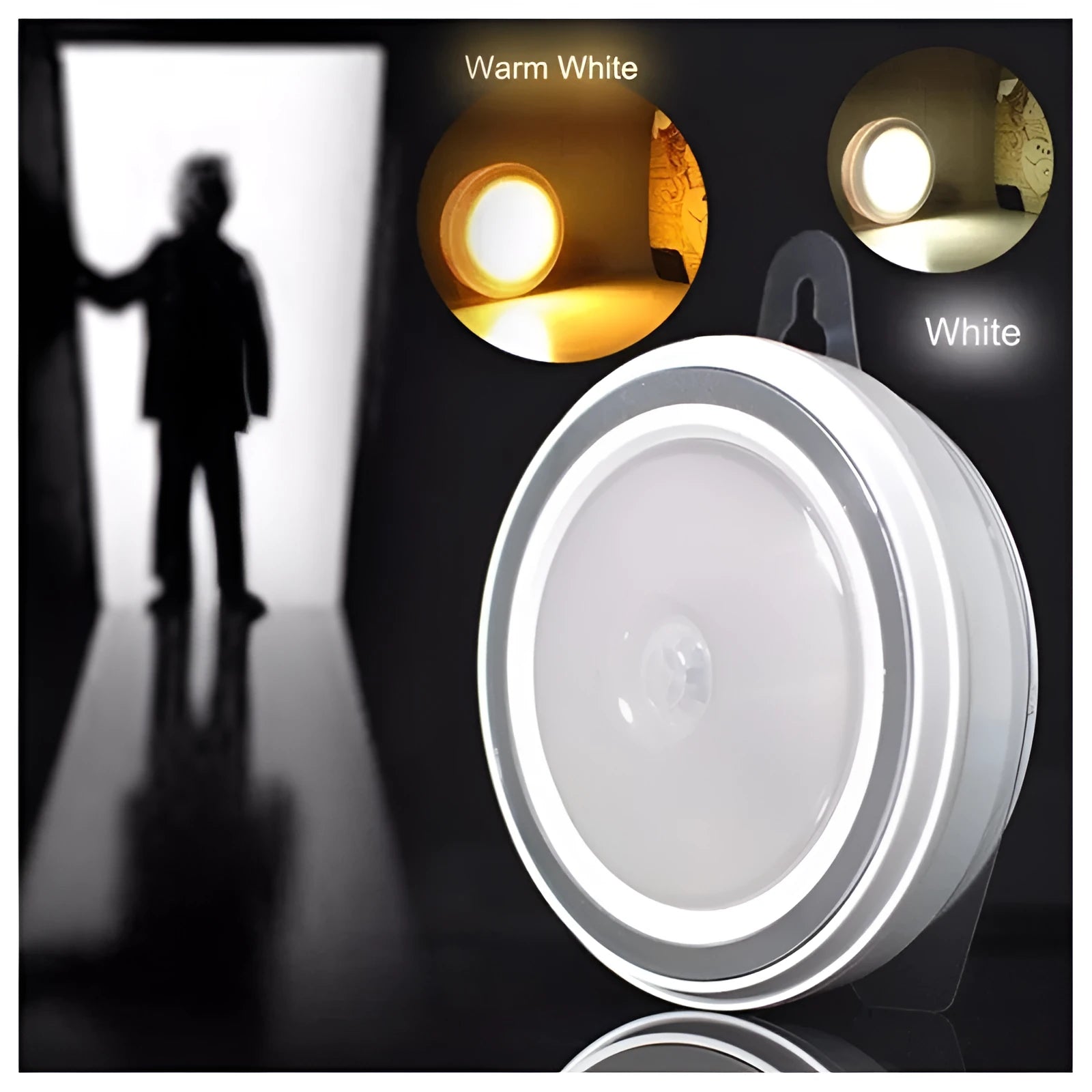 Circular white motion sensor LED light with 80mm diameter, shown mounted inside a wardrobe.