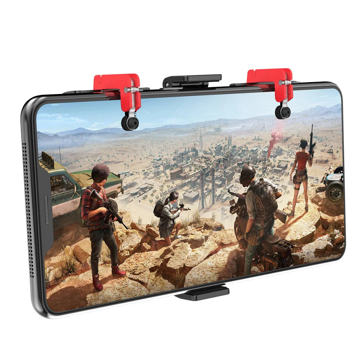 Black mobile phone gaming bracket with a metal trigger and telescopic fixing clip for phones.