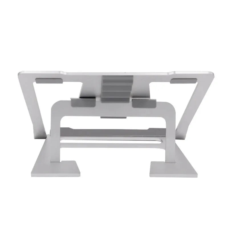 Silver aluminium foldable laptop stand with double silicone snaps, measuring 240x230x18mm, on a desk