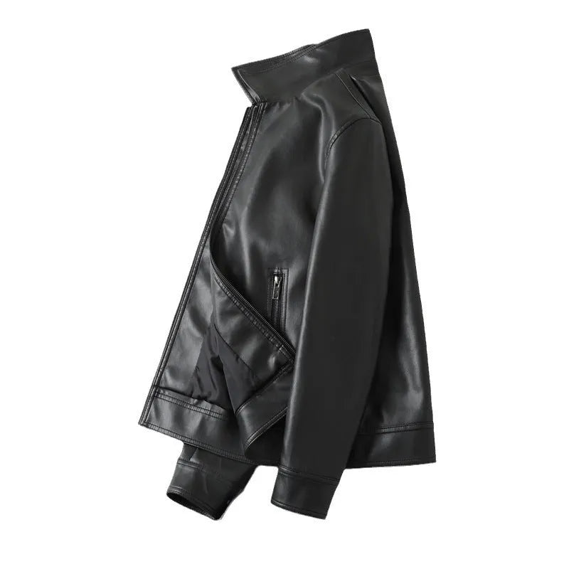 Men's solid black PU leather casual jacket with zipper pockets on a model