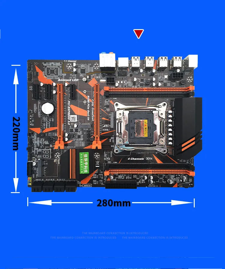 X99 computer motherboard with LGA2011-3 socket, four DDR4 slots, PCI-E expansion, and black PCB