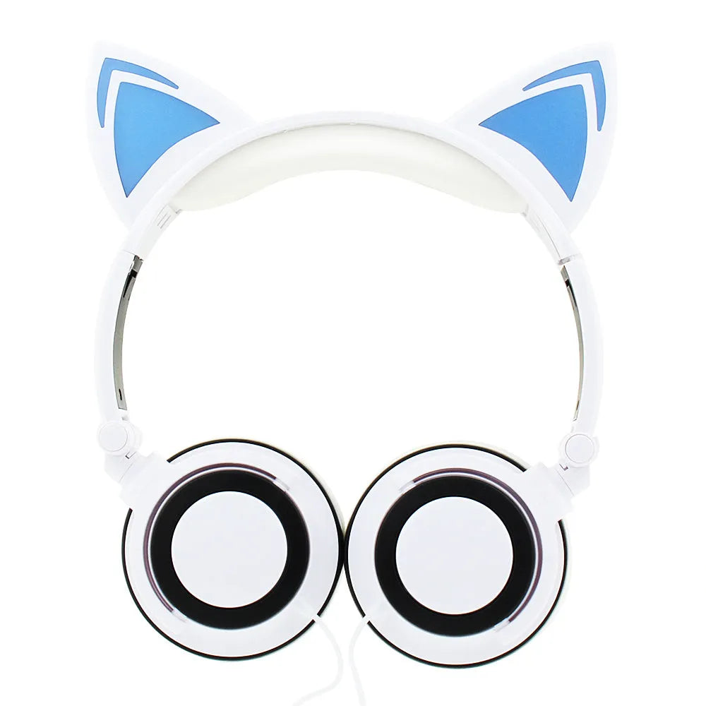 LED illuminated cat ear headphones in various colours showing lighted ears and cushion, with 3.5mm cable.