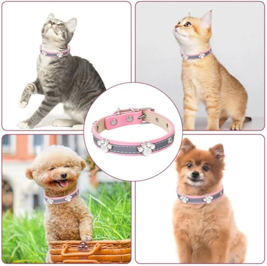 Reflective adjustable PU leather dog collar with a metal paw-shaped rivet on a size chart.