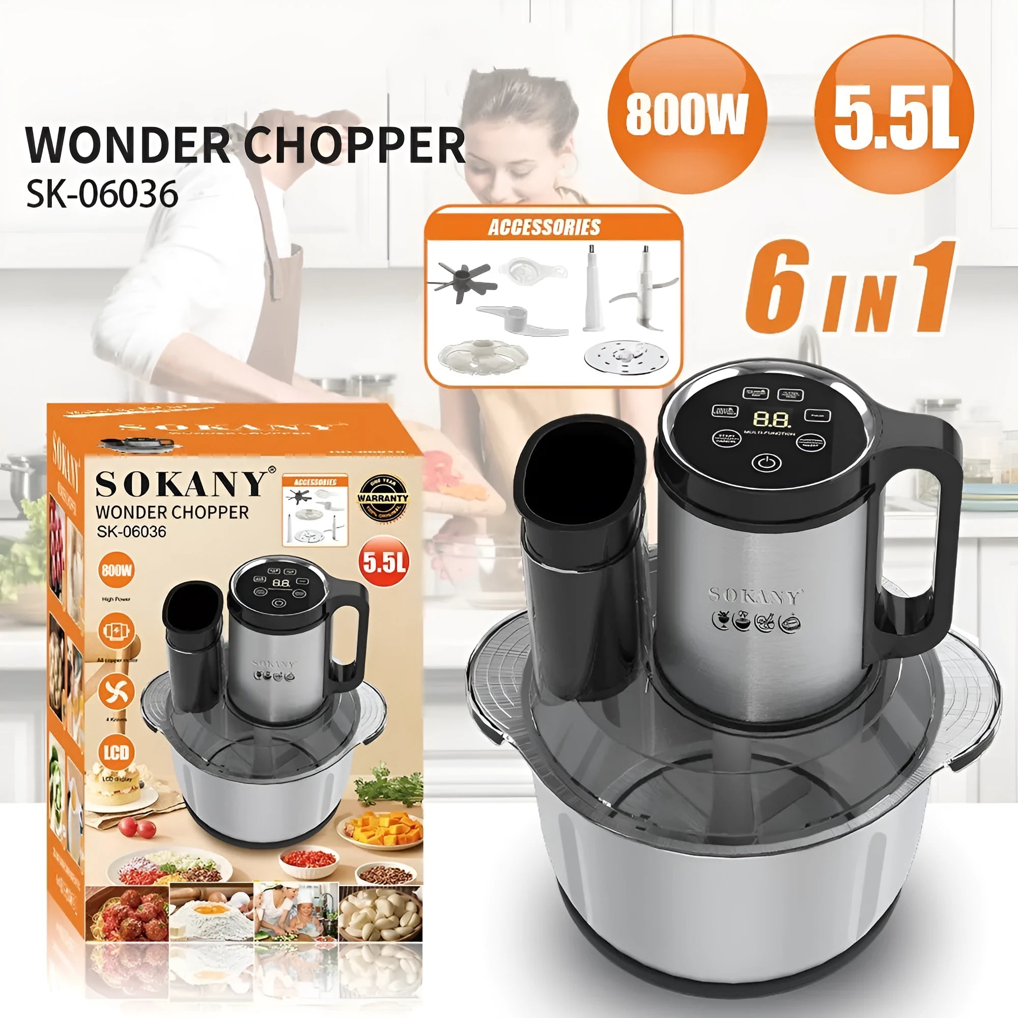 Black stainless steel meat grinder with vegetable cutter and 5L capacity kitchen machine