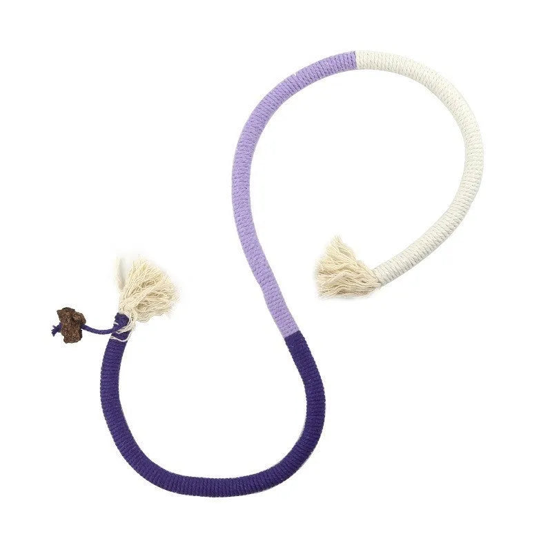 70cm cotton bite rope cat toy in three colour combinations: purple, orange, and red with green