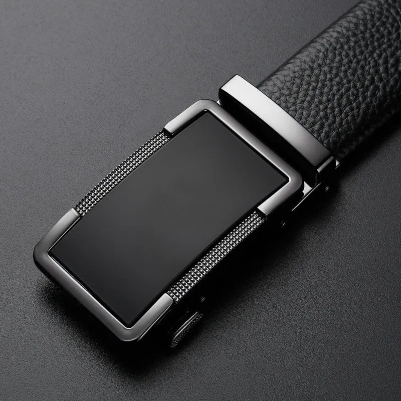 Men's leather belt with automatic buckle in gun black, silver or gold colours showing length sizing options