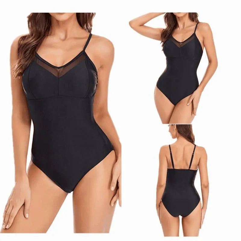 Black backless one-piece ladies swimsuit laid flat, showing solid colour and high elasticity fabric.