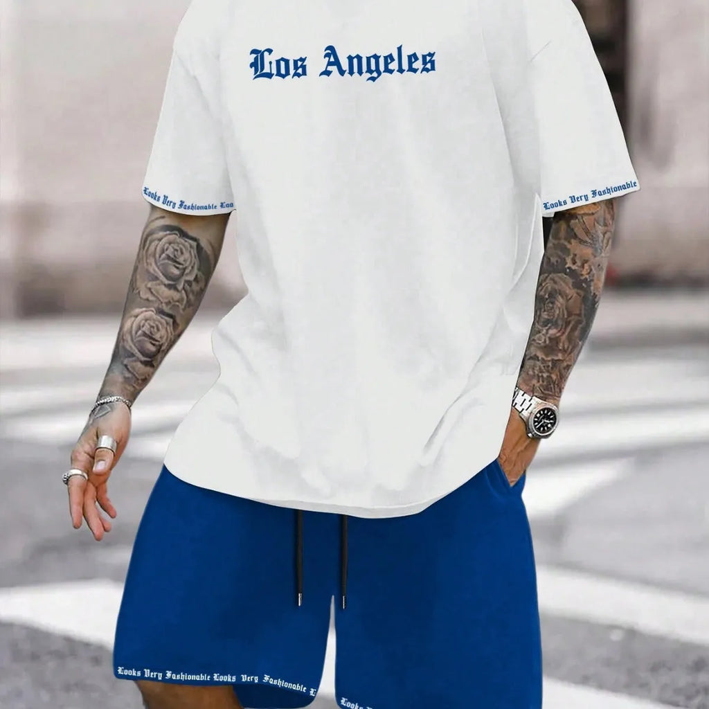 Sports-style short sleeve shirt and matching shorts set in a printed pattern, shown in colour G23P1573.