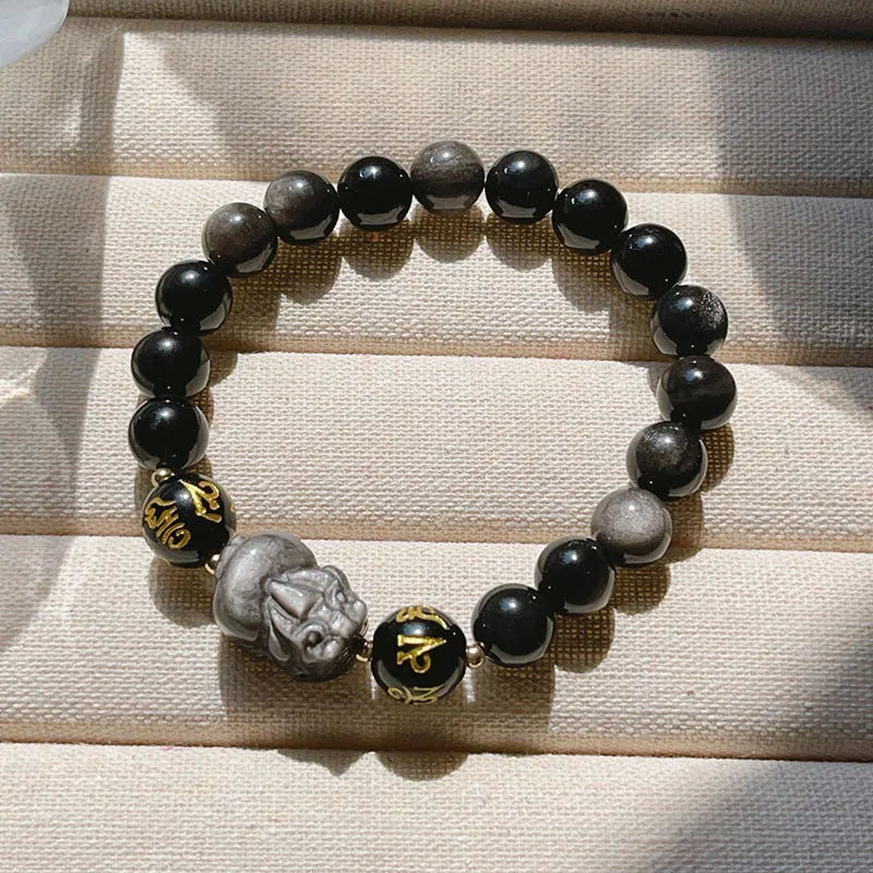 Men's natural silver stone bracelet with Chinese style design and zodiac anniversary beads
