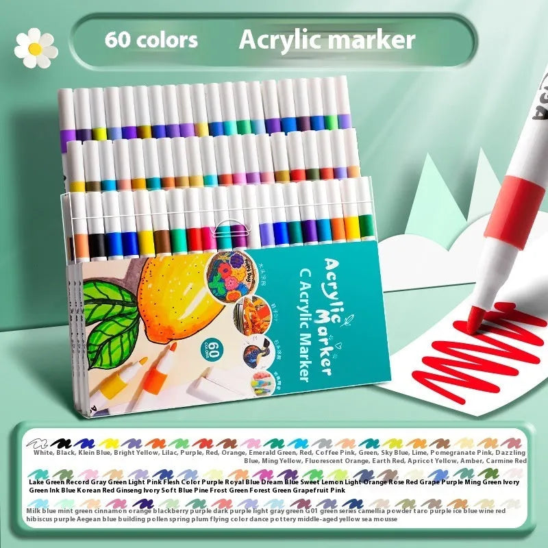 Boxed set of multicoloured True Color acrylic marker pens for students and artists.