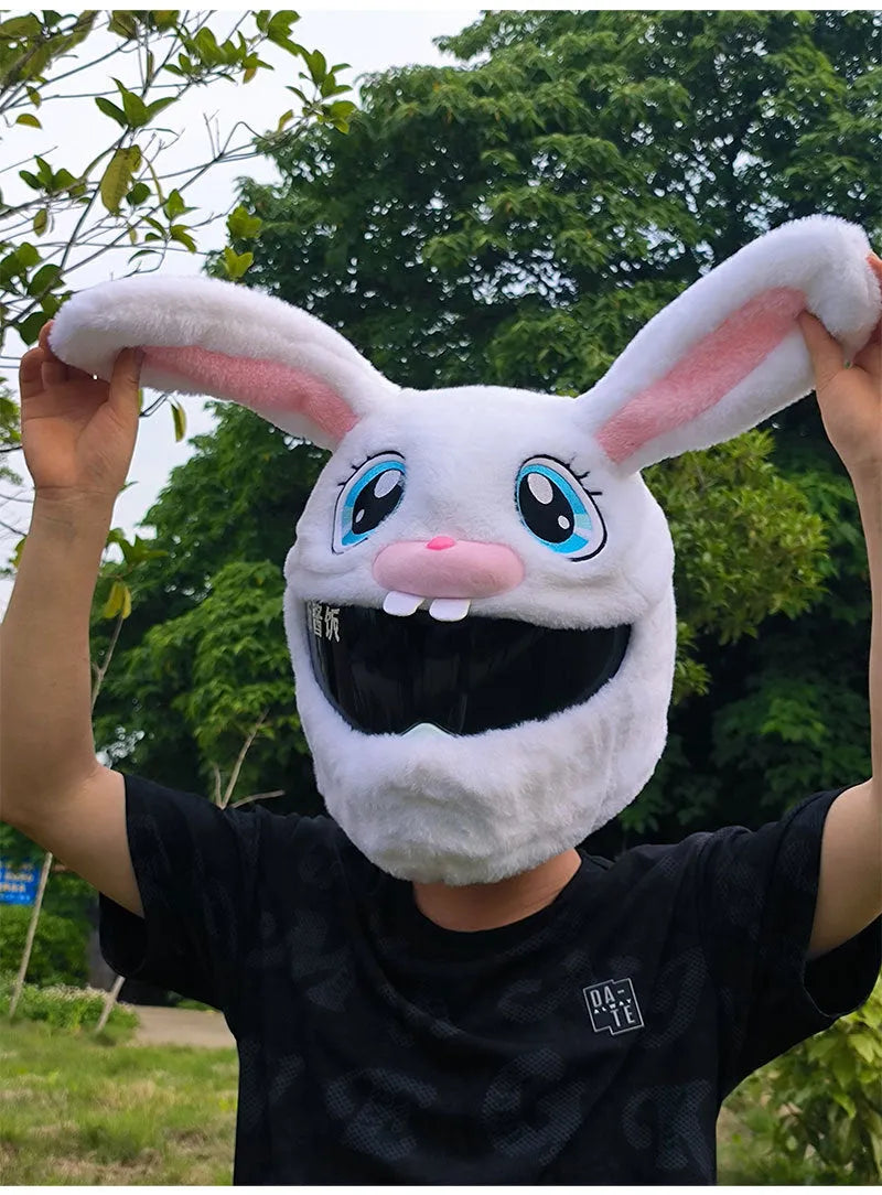 White rabbit helmet cover with long ears for electric motorcycle protection