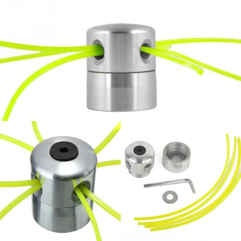 Silver aluminium grass trimmer head with light yellow square lines and wrench for lawn mower