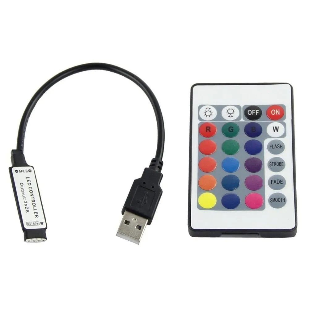 USB-powered flexible LED light strip showing multiple colour options including white, blue, and red illumination