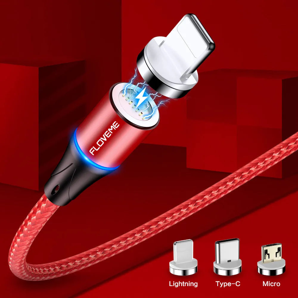 Black magnetic USB fast-charging cable with LED light, compatible with Apple iPhone and Android phones