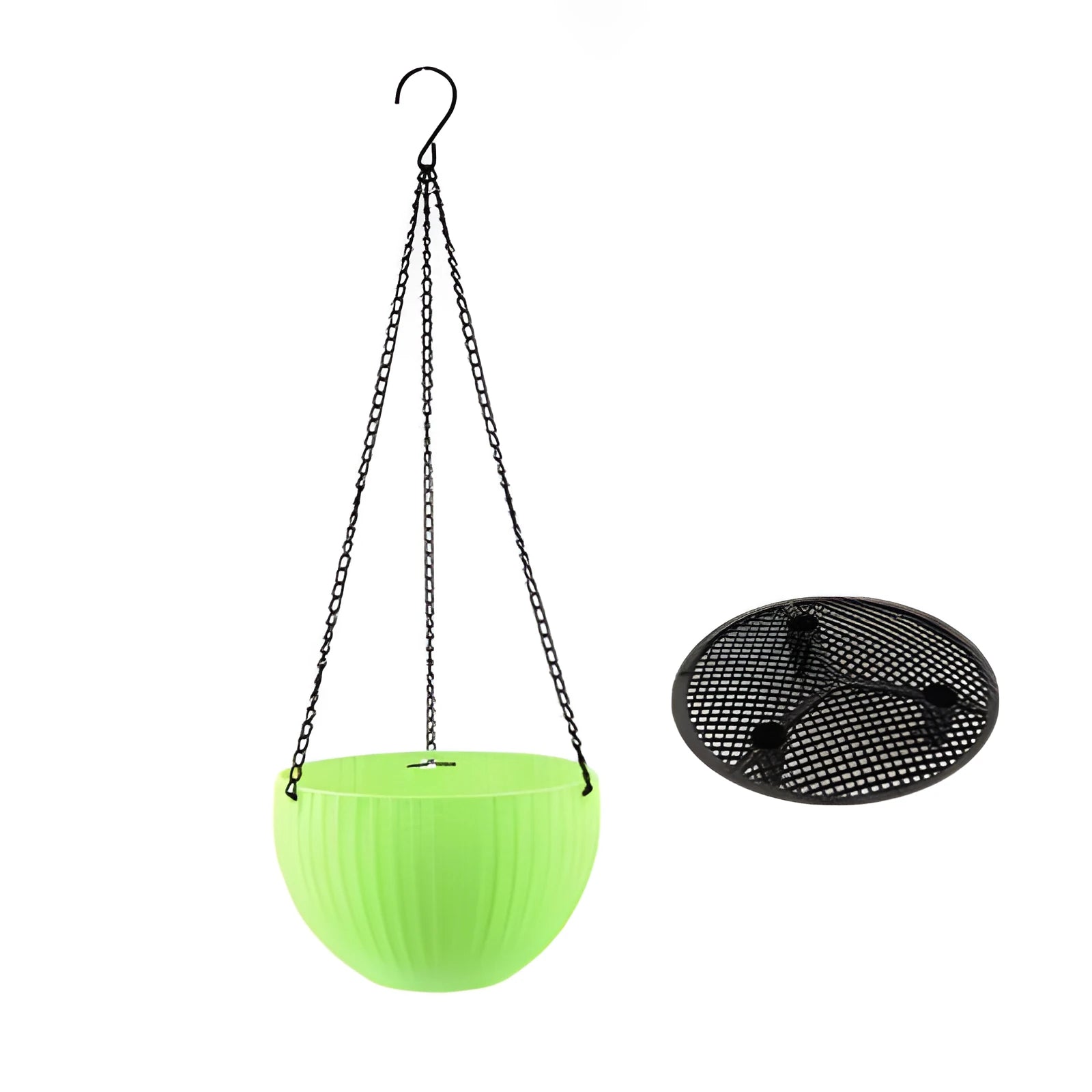 Plastic hanging basket planter with inner tank on a metal chain, shown in multiple colour options.