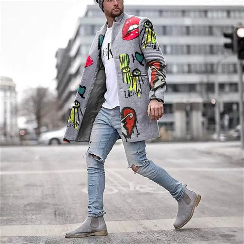 Men's grey loose button long trench coat winter cotton blend front view