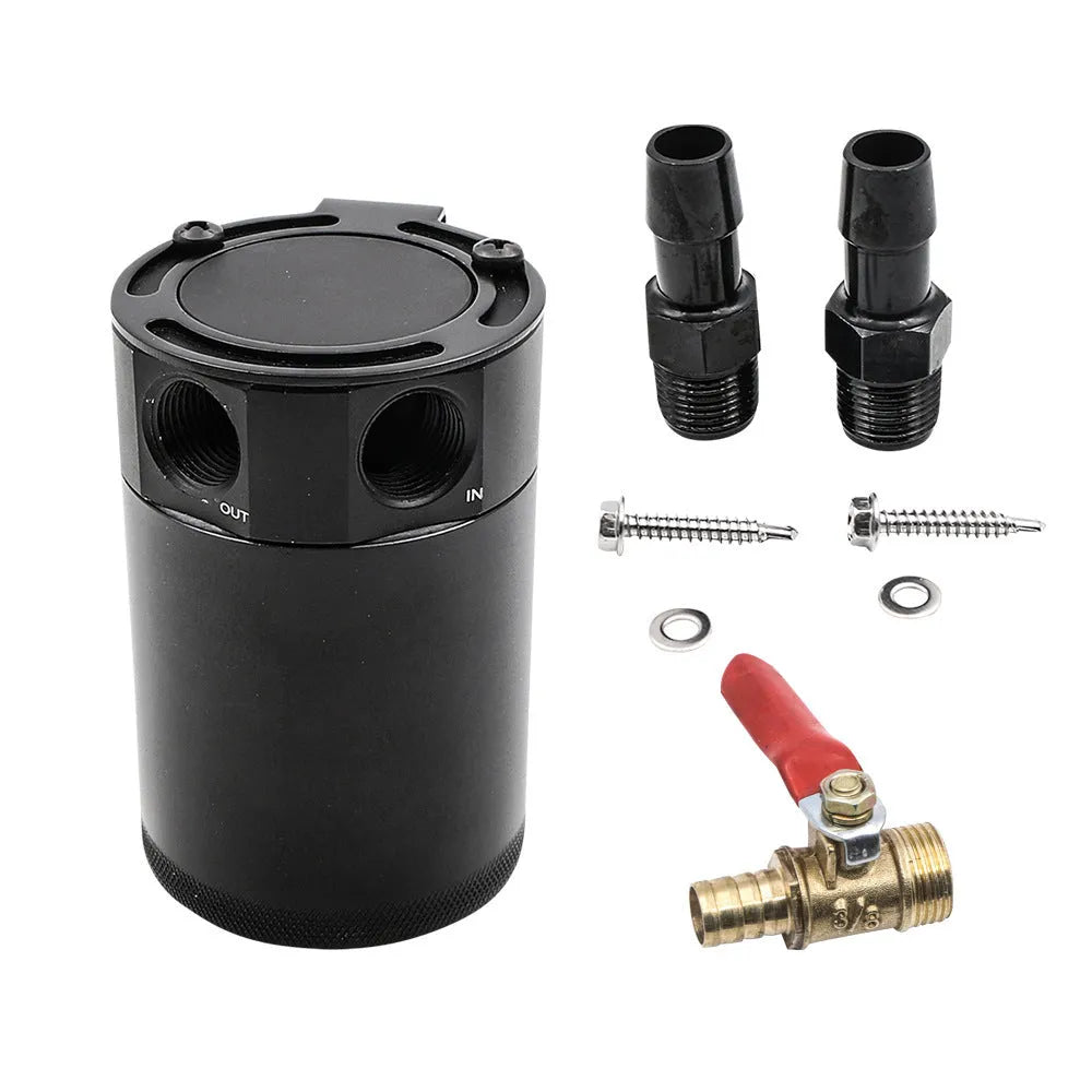Black aluminium two hole automotive oil can with oil-free valve and connectors.
