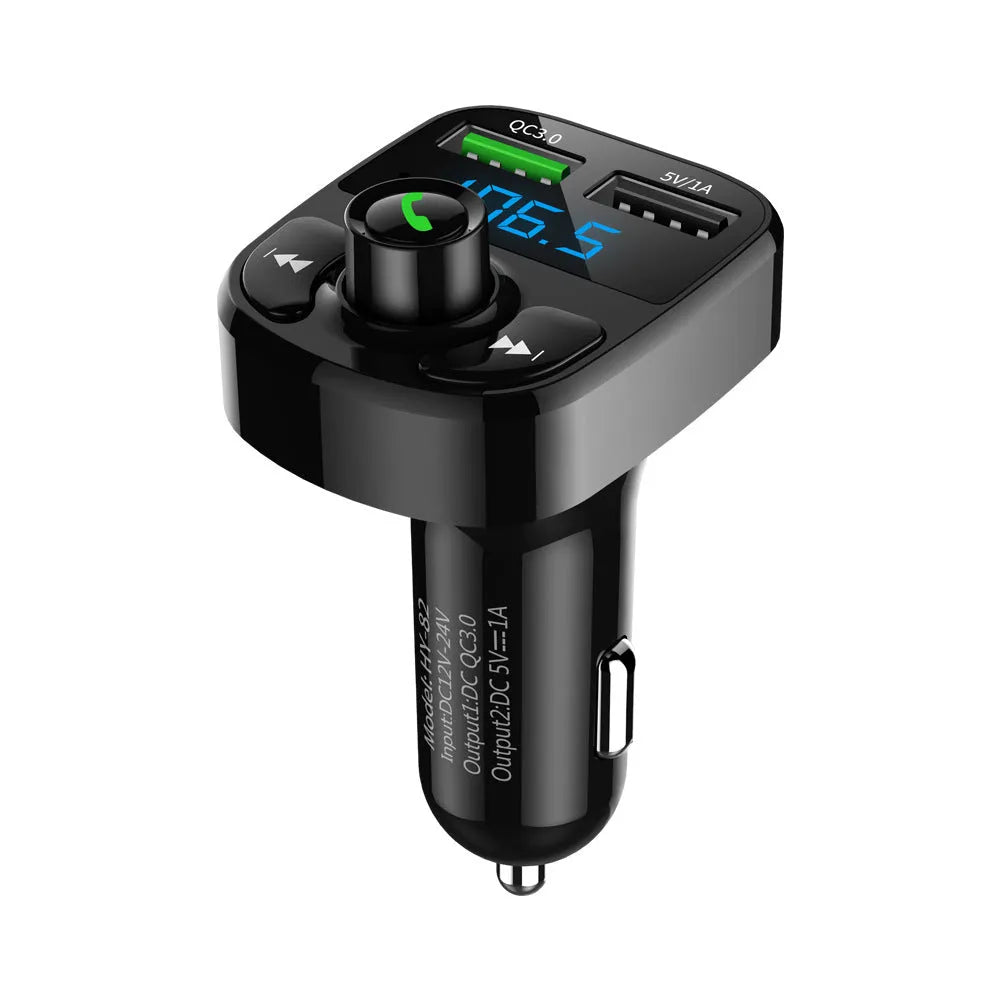HY82 car MP3 player unit for Bluetooth audio, hands-free calls, and USB charging plugged into a car cigarette lighter.