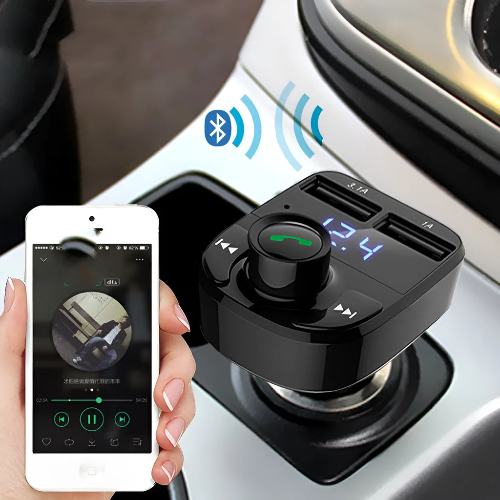 HY82 car MP3 player unit for Bluetooth audio, hands-free calls, and USB charging plugged into a car cigarette lighter.