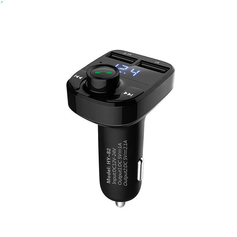 HY82 car MP3 player unit for Bluetooth audio, hands-free calls, and USB charging plugged into a car cigarette lighter.
