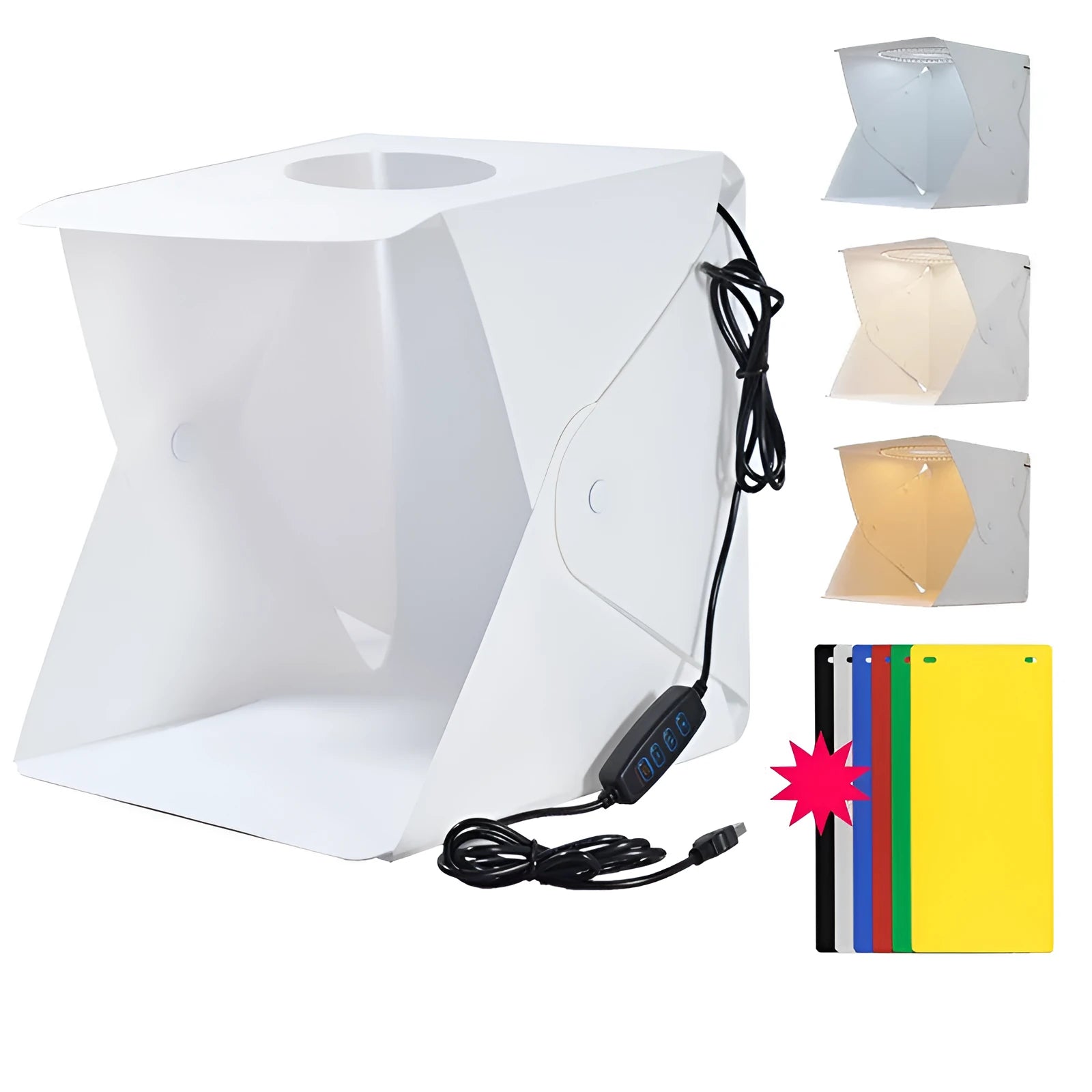 40cm folding photography softbox with LED ring light and coloured background cloths for product shooting