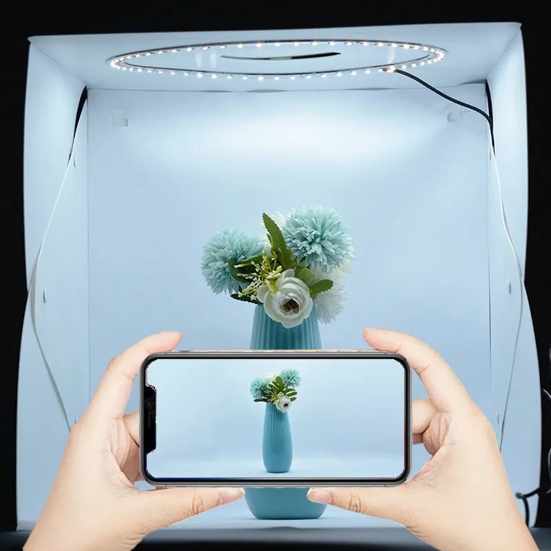 40cm folding photography softbox with LED ring light and coloured background cloths for product shooting