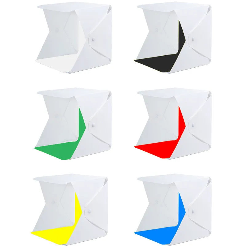 40cm folding photography softbox with LED ring light and coloured background cloths for product shooting