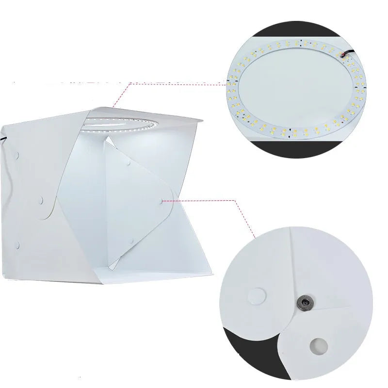 40cm folding photography softbox with LED ring light and coloured background cloths for product shooting