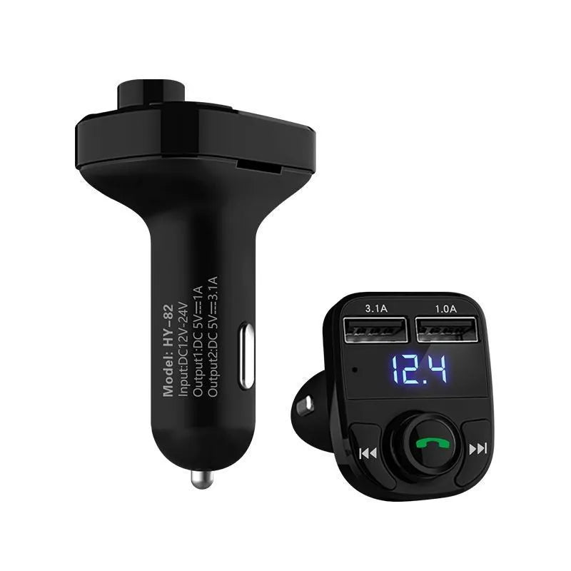 HY82 car MP3 player unit for Bluetooth audio, hands-free calls, and USB charging plugged into a car cigarette lighter.