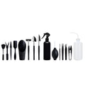 Black mini garden hand tools set for succulents with tweezers, shovels, watering bottle, brushes, and a grey cushion.