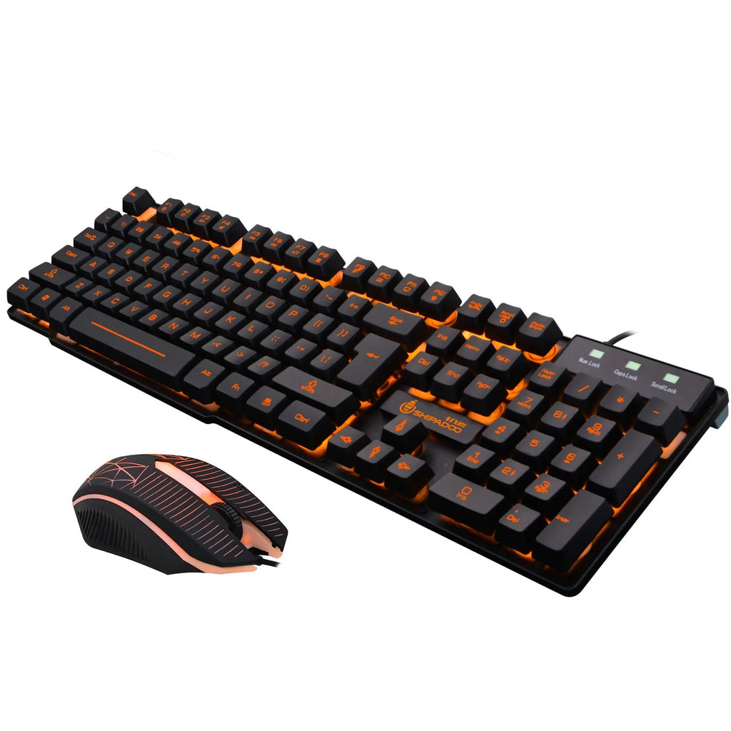 Mechanical touch luminous USB wired keyboard set with metal bottom plate, orange character backlight, and wired mouse