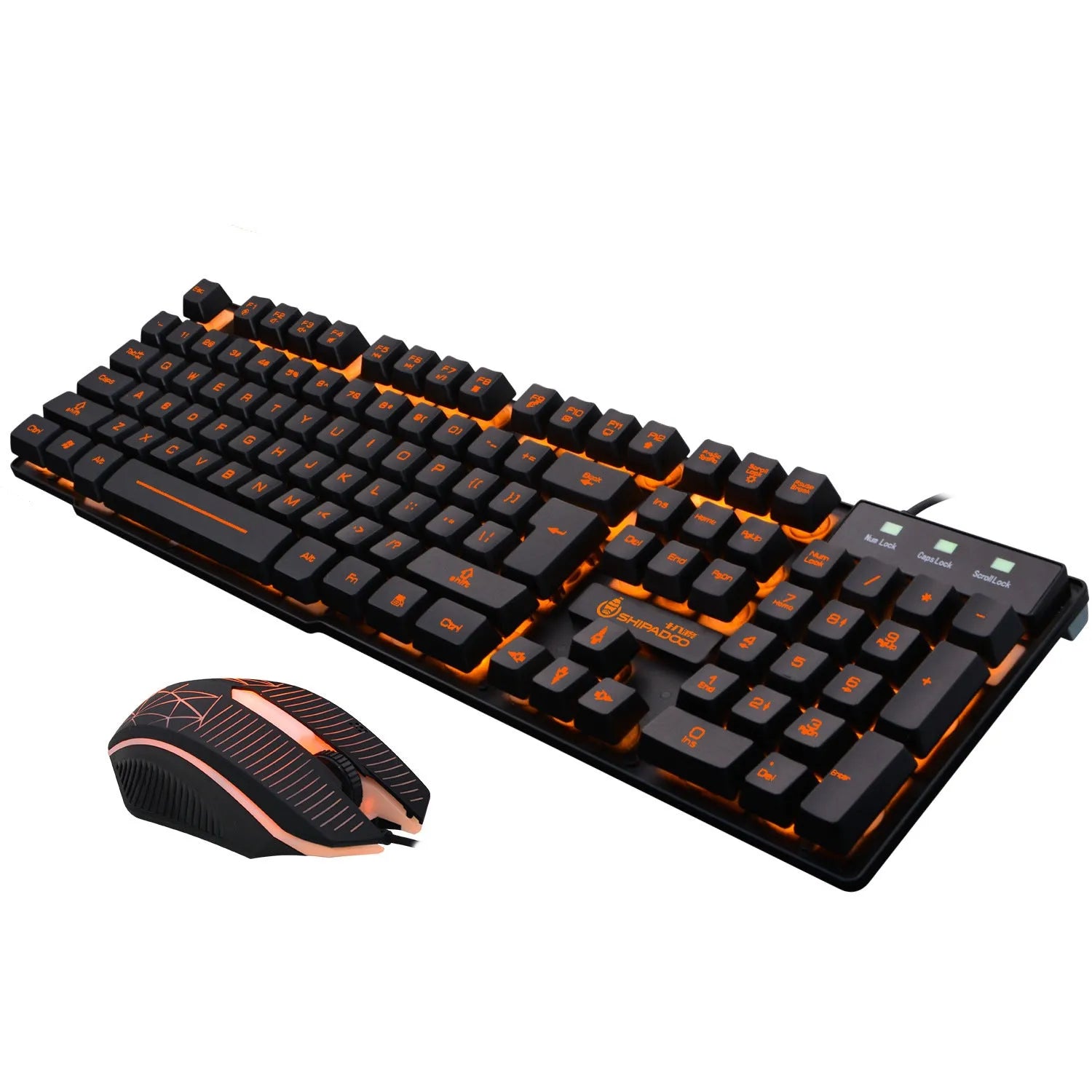Mechanical touch luminous USB wired keyboard set with metal bottom plate, orange character backlight, and wired mouse