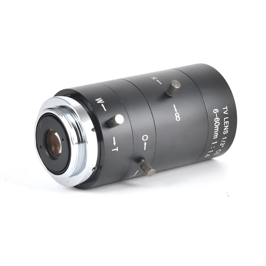 Black manual aperture CCTV lens with 6-60mm zoom and CS mount for 1/3 inch cameras