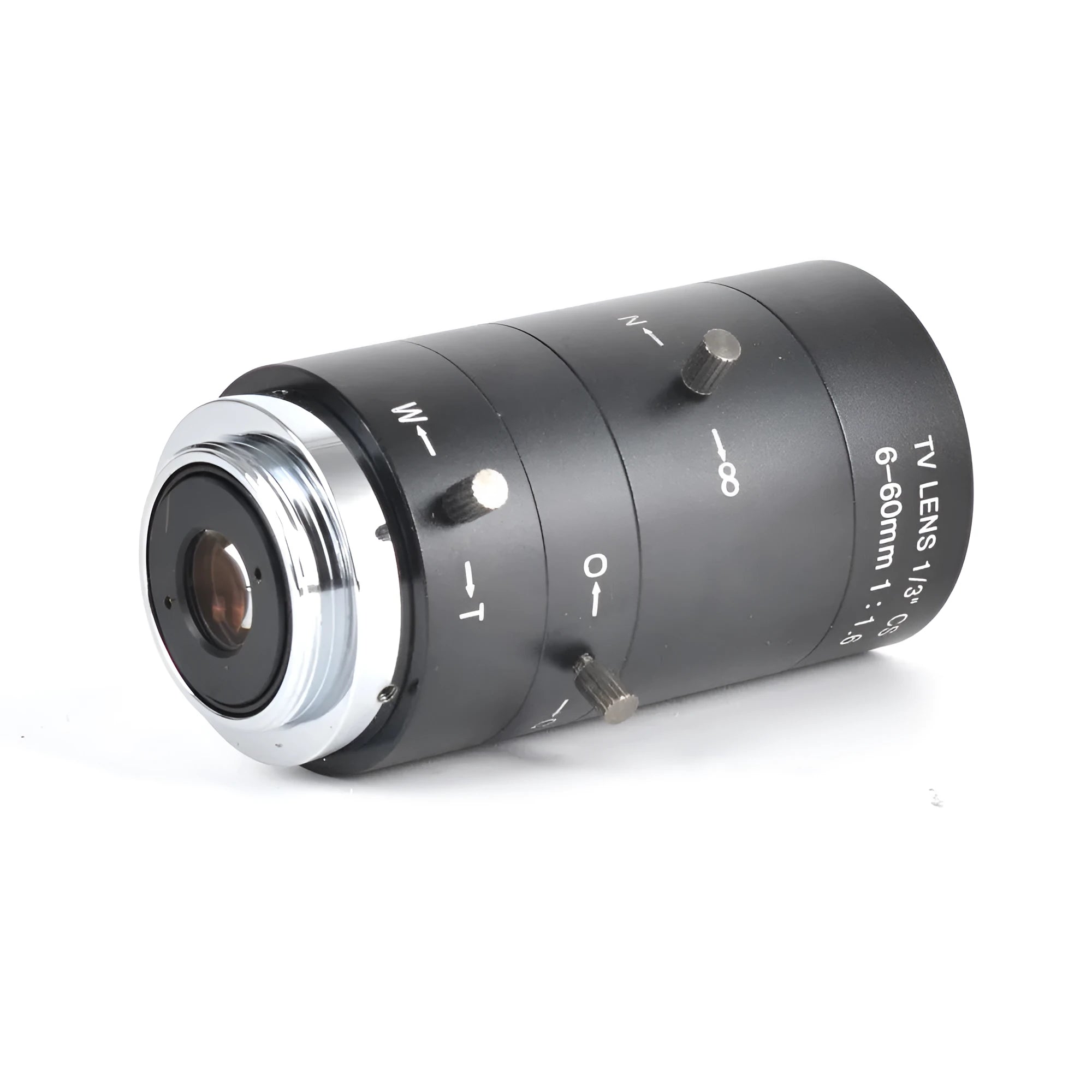 Black manual aperture CCTV lens with 6-60mm zoom and CS mount for 1/3 inch cameras