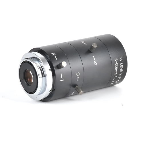 Black manual aperture CCTV lens with 6-60mm zoom and CS mount for 1/3 inch cameras