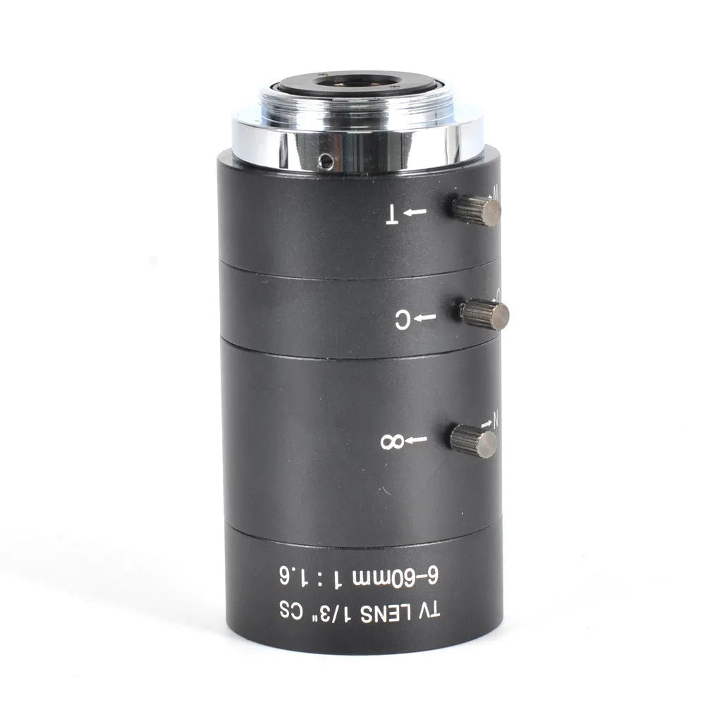 Black manual aperture CCTV lens with 6-60mm zoom and CS mount for 1/3 inch cameras