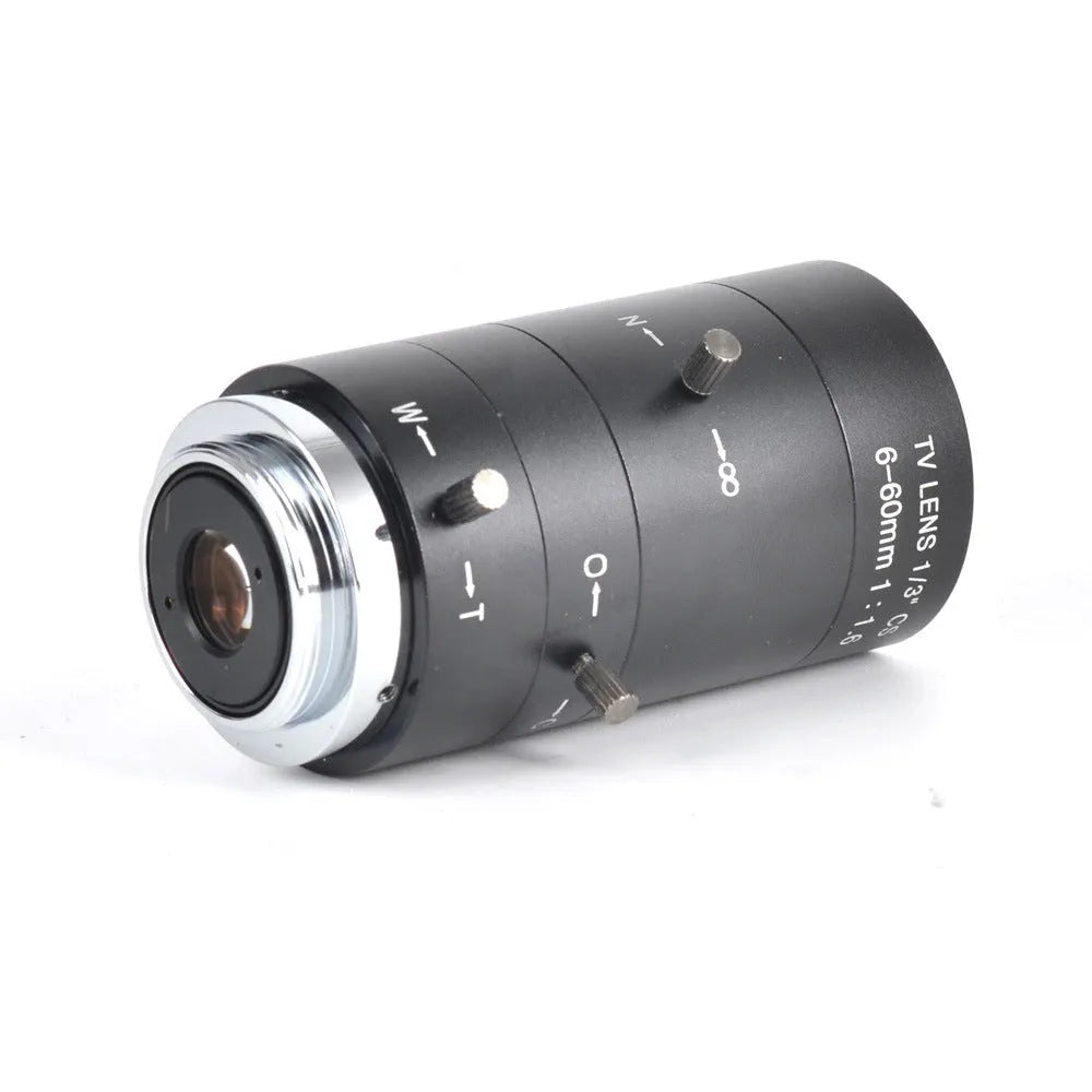 Black manual aperture CCTV lens with 6-60mm zoom and CS mount for 1/3 inch cameras
