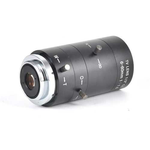Black manual aperture CCTV lens with 6-60mm zoom and CS mount for 1/3 inch cameras