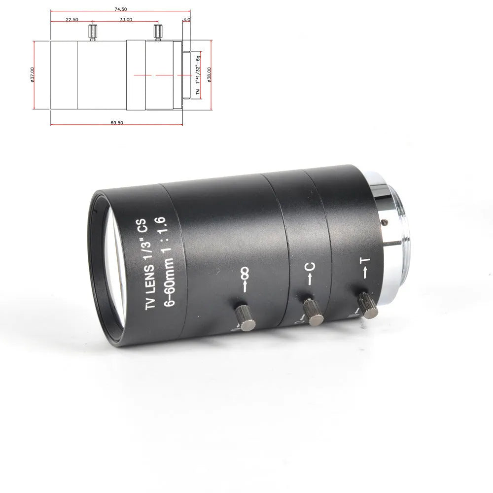 Black manual aperture CCTV lens with 6-60mm zoom and CS mount for 1/3 inch cameras