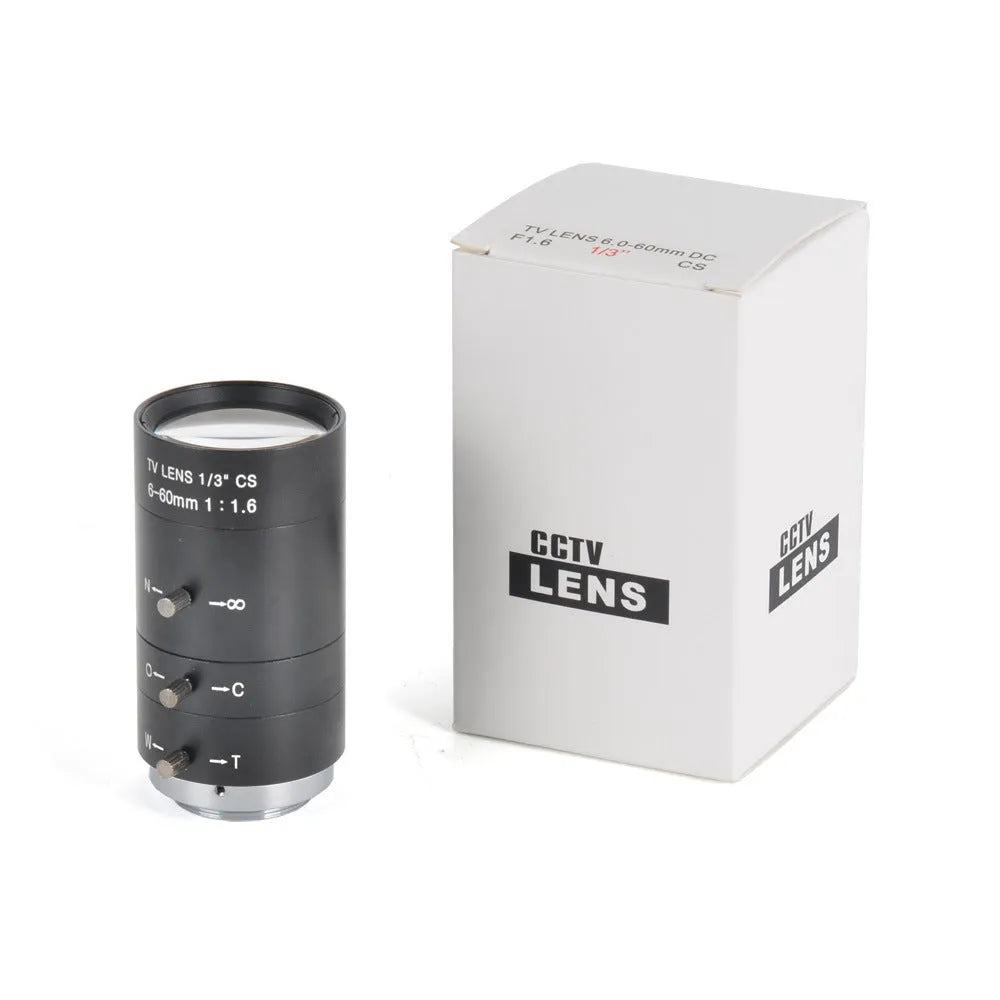 Black manual aperture CCTV lens with 6-60mm zoom and CS mount for 1/3 inch cameras