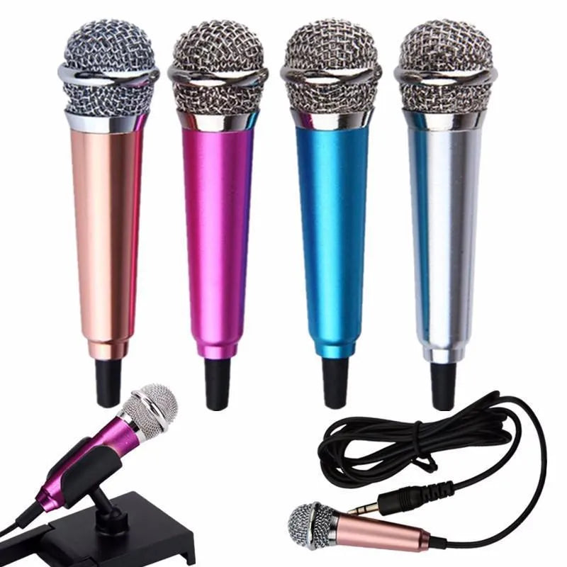Mini condenser karaoke microphone with 3.5mm connector in blue, gold, red, or silver colour options
