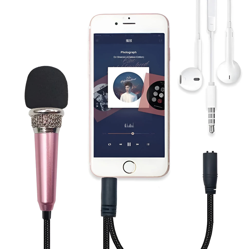 Mini condenser karaoke microphone with 3.5mm connector in blue, gold, red, or silver colour options