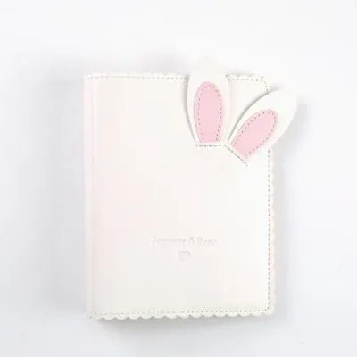 Cute bunny style mini photo album in pink, blue, or white, showing 3-inch size and loose-leaf pages.