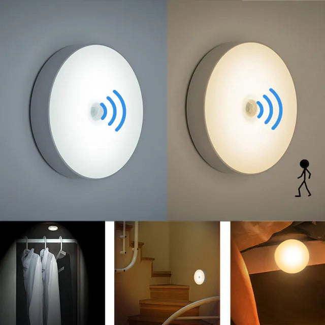 White circular motion sensor night light with USB charging port showing 86mm diameter dimensions