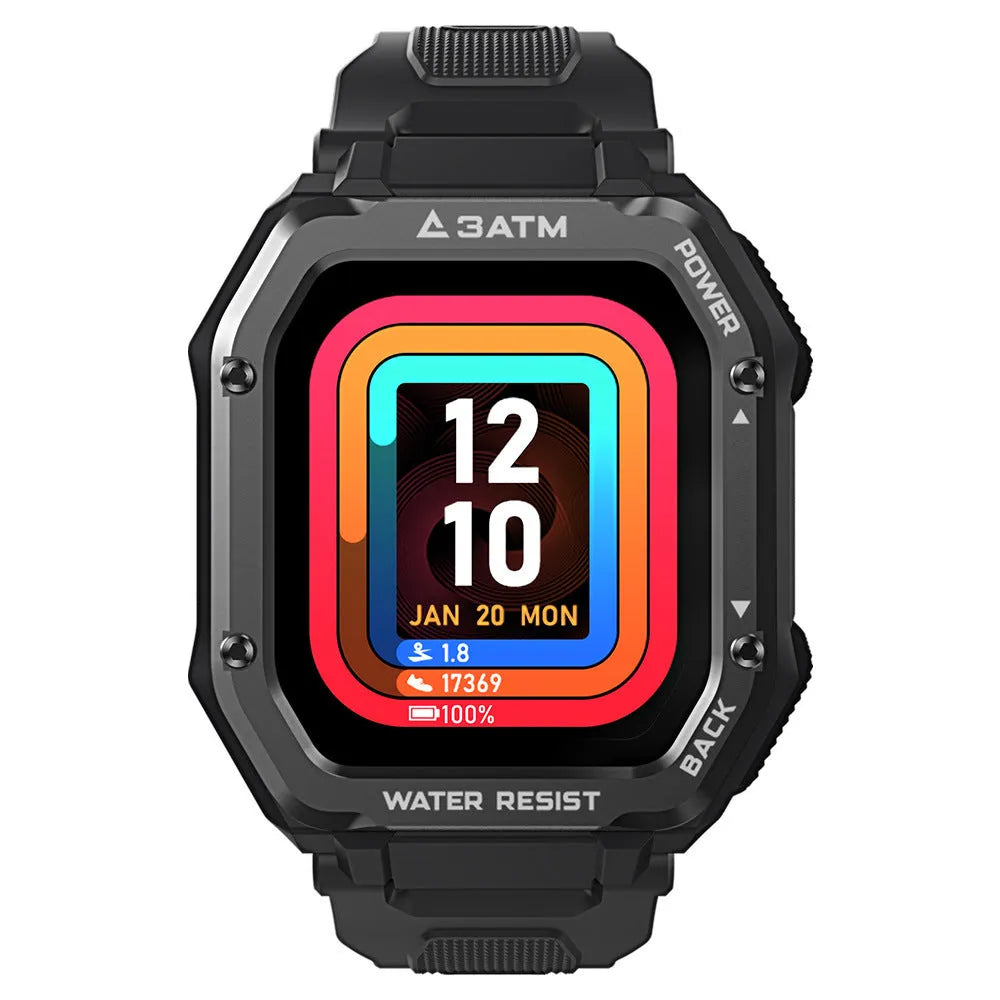 Army Green rugged smart watch with 1.69-inch screen and silicone wrist strap showing sports mode display