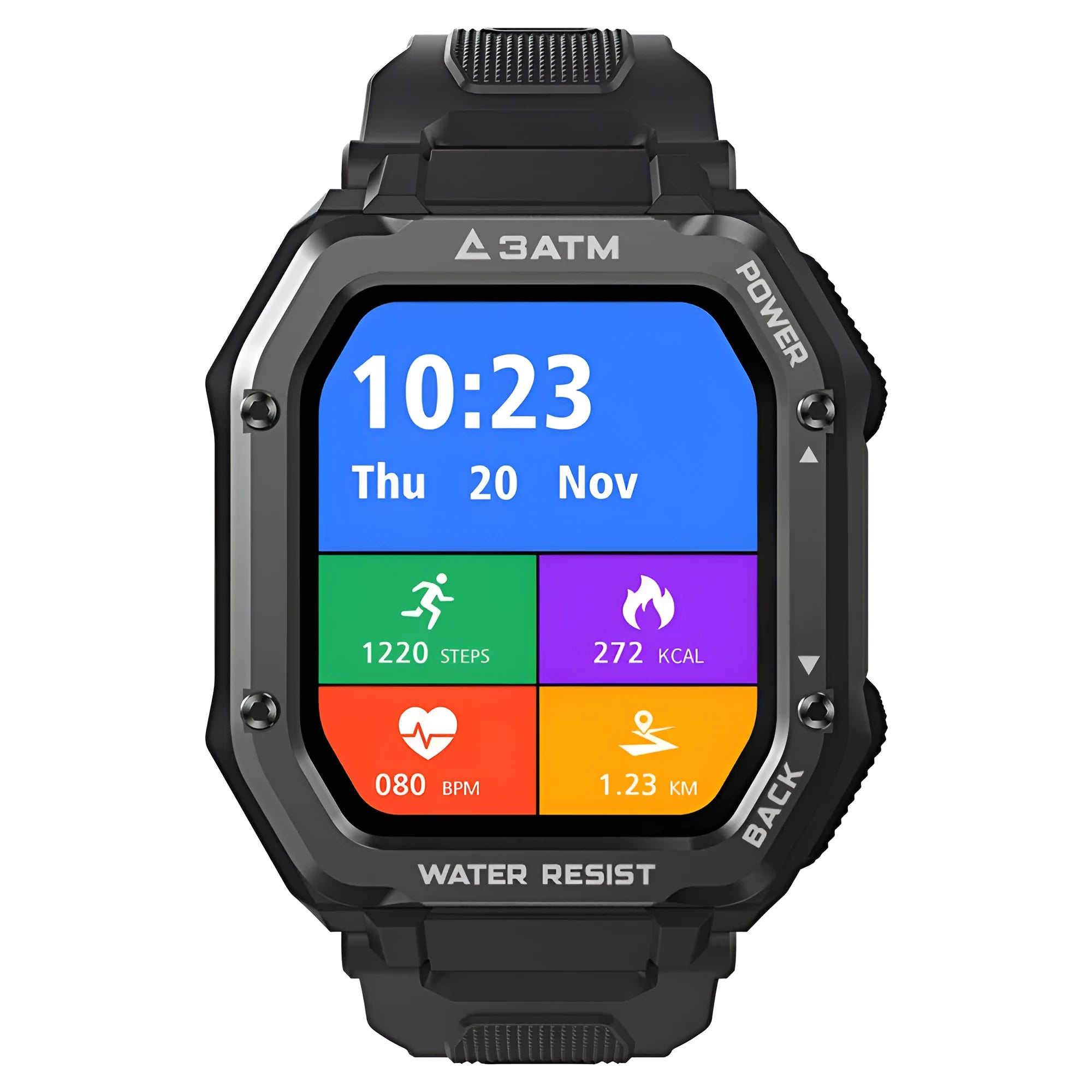 Army Green rugged smart watch with 1.69-inch screen and silicone wrist strap showing sports mode display